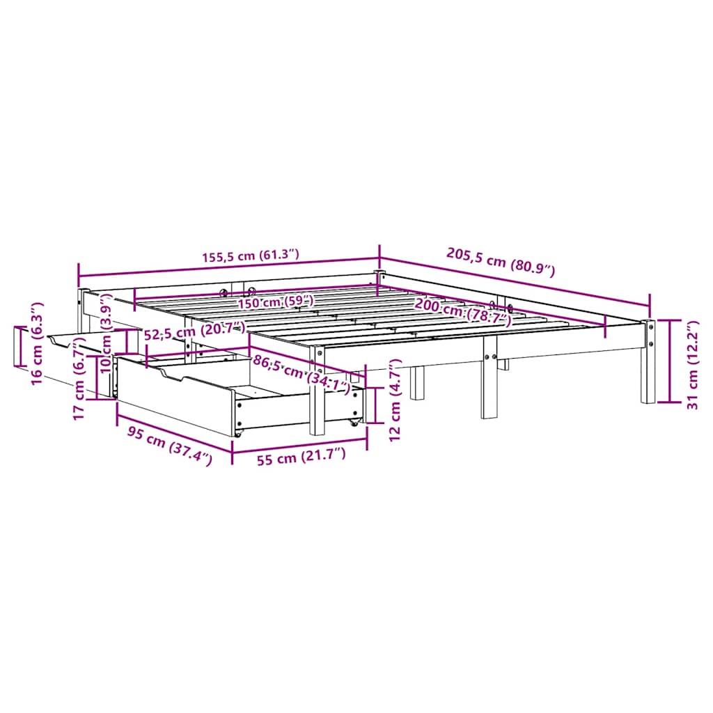 Bed Frame without Mattress Wax Brown 150x200 cm King Size Solid Wood Pine