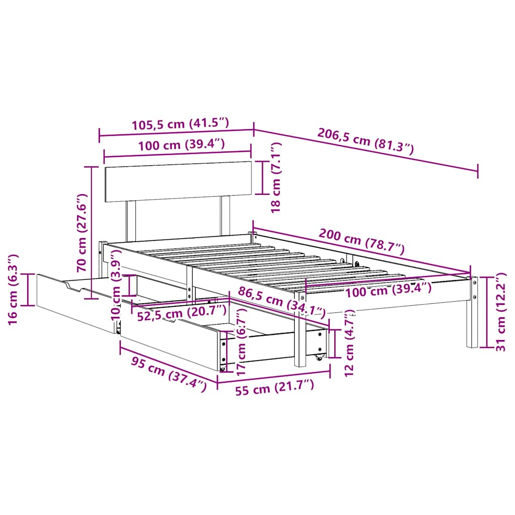 Bed Frame without Mattress White 100x200 cm Solid Wood Pine