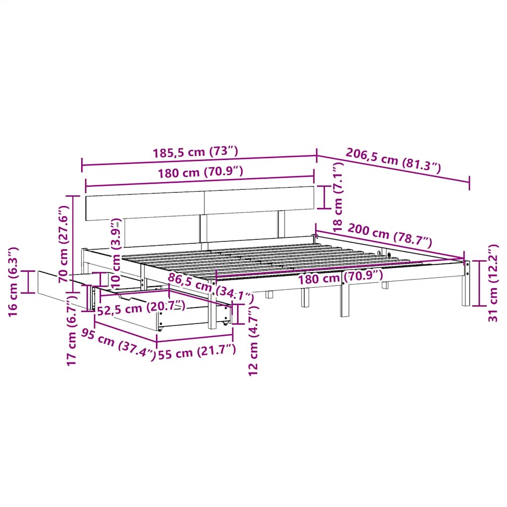 Bed Frame without Mattress White 180x200 cm Super King Solid Wood Pine
