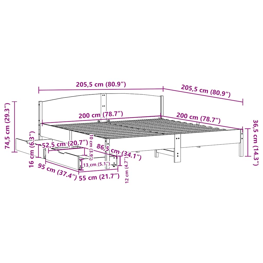 Bed Frame without Mattress White 200x200 cm Solid Wood Pine