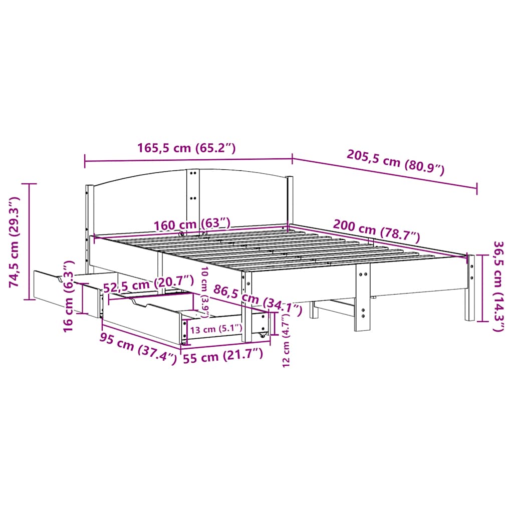Bed Frame without Mattress White 160x200 cm Solid Wood Pine