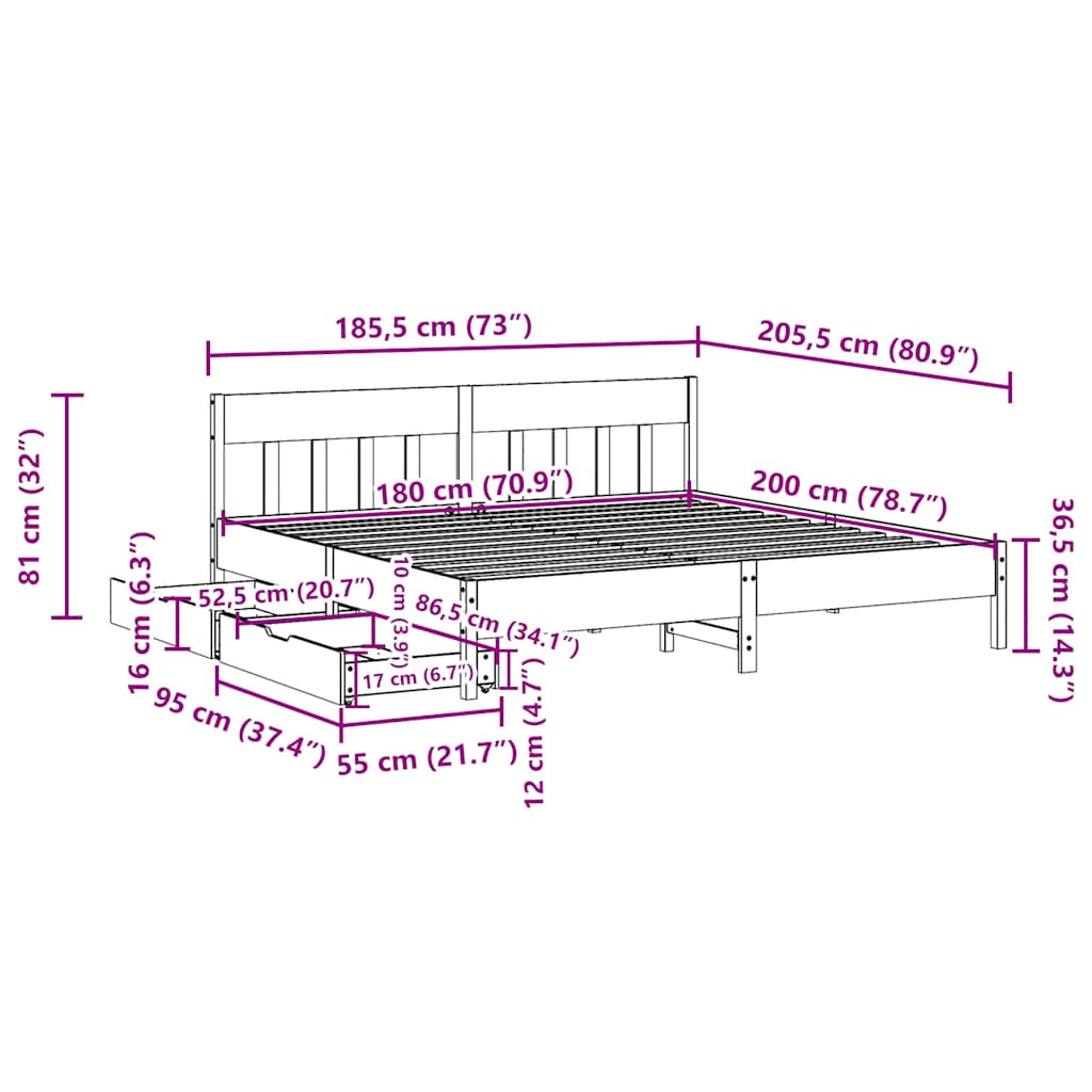 Bed Frame without Mattress White 180x200 cm Super King Solid Wood Pine