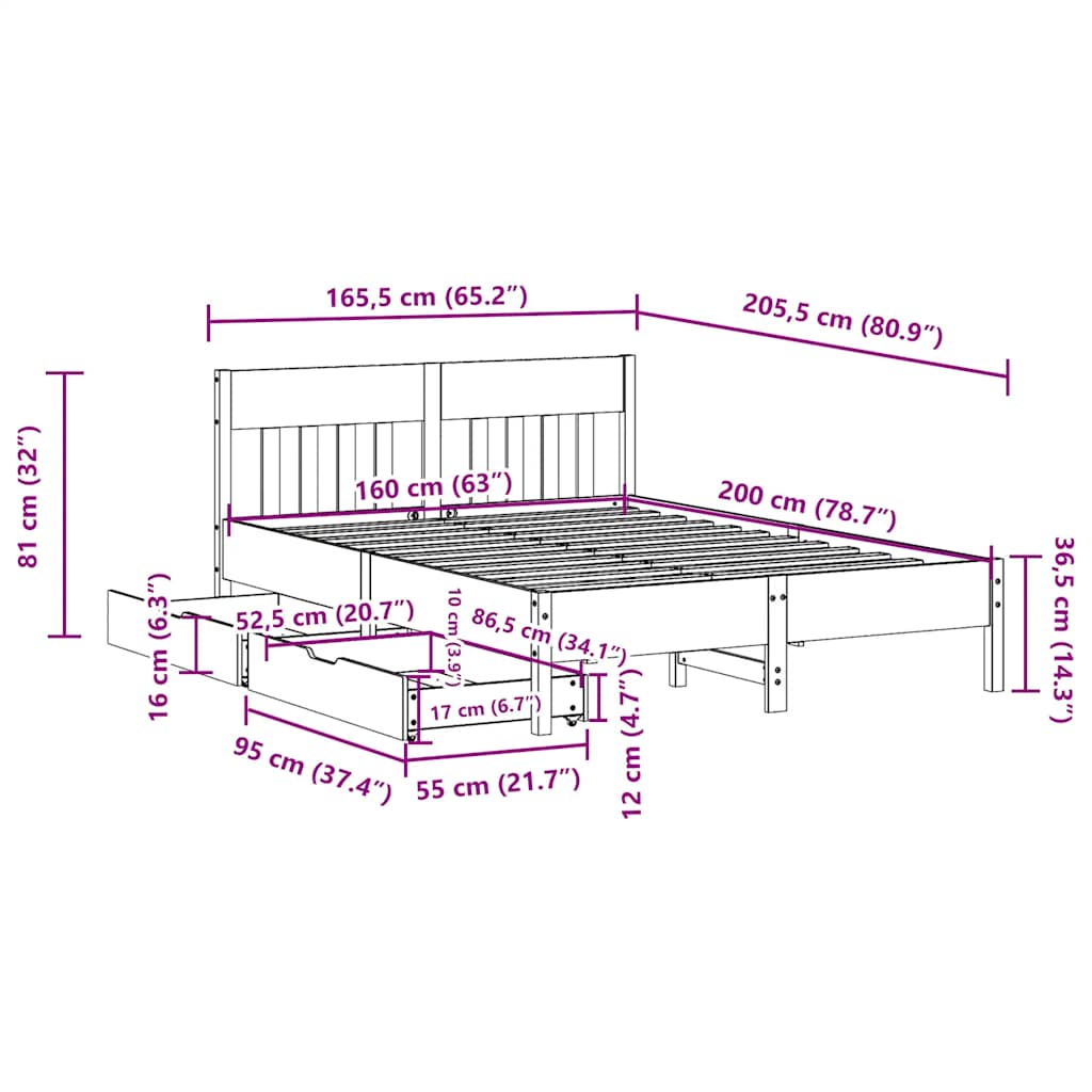 Bed Frame without Mattress Wax Brown 160x200 cm Solid Wood Pine