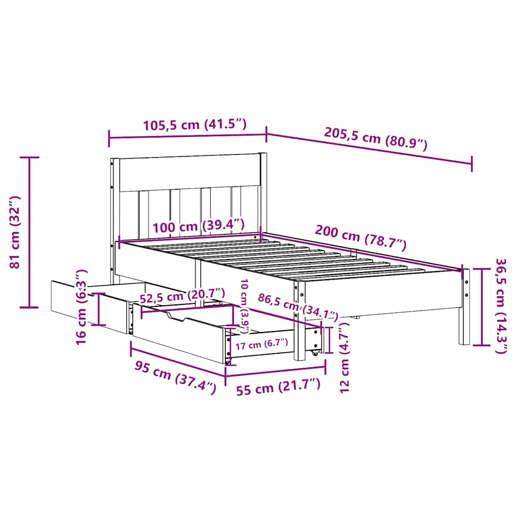Bed Frame without Mattress Wax Brown 100x200 cm Solid Wood Pine
