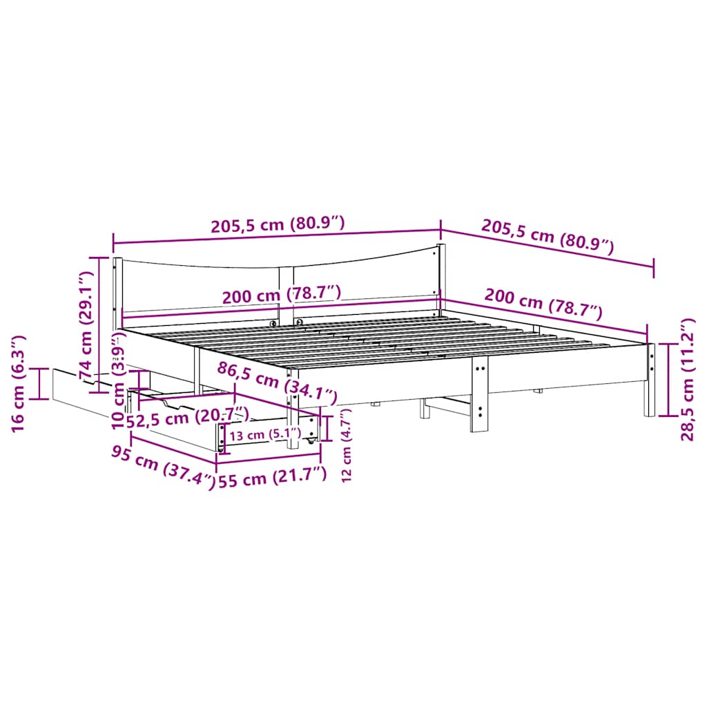 Bed Frame with Drawers Wax Brown 200x200 cm Solid Wood Pine