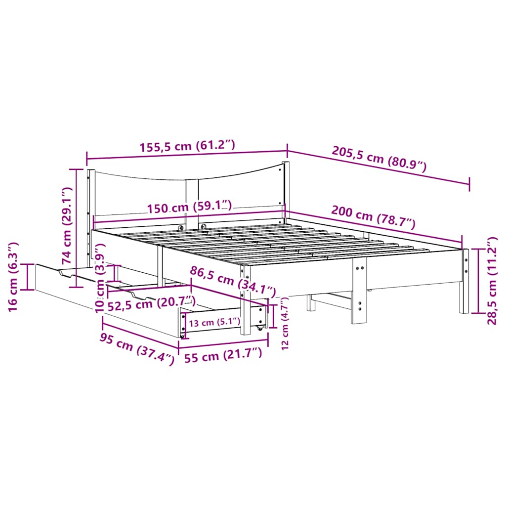 Bed Frame with Drawers Wax Brown 150x200 cm Solid Wood Pine