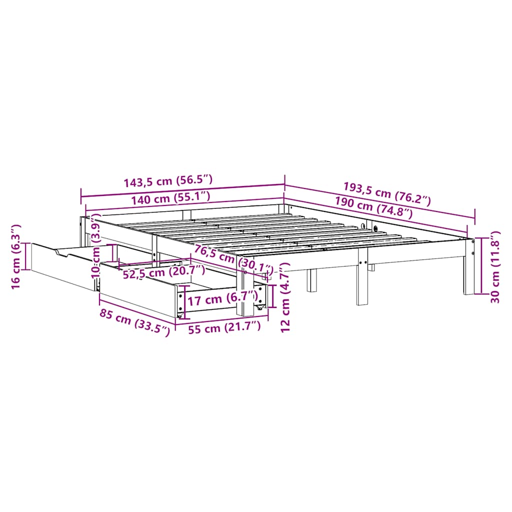 Bed Frame with Drawers without Mattress White 140x190 cm