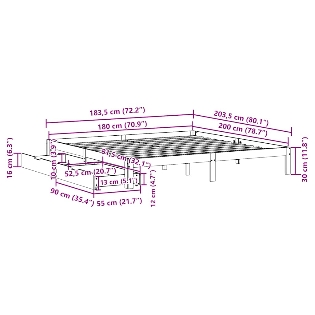 Bed Frame with Drawers without Mattress White 180x200 cm Super King
