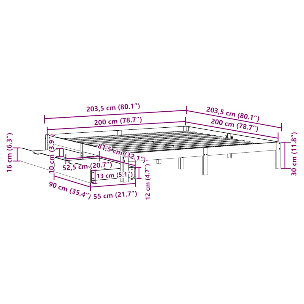 Bed Frame with Drawers without Mattress White 200x200 cm