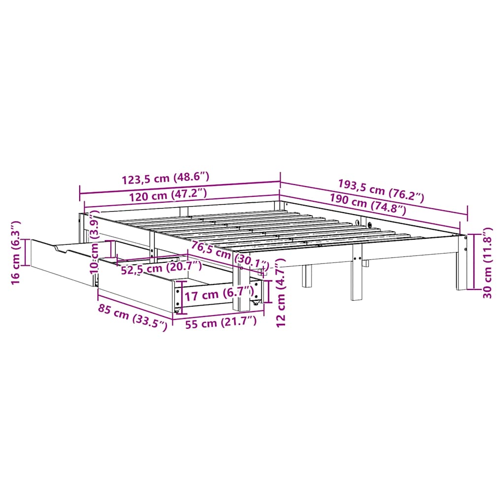 Bed Frame with Drawers without Mattress Wax Brown 120x190 cm Small Double