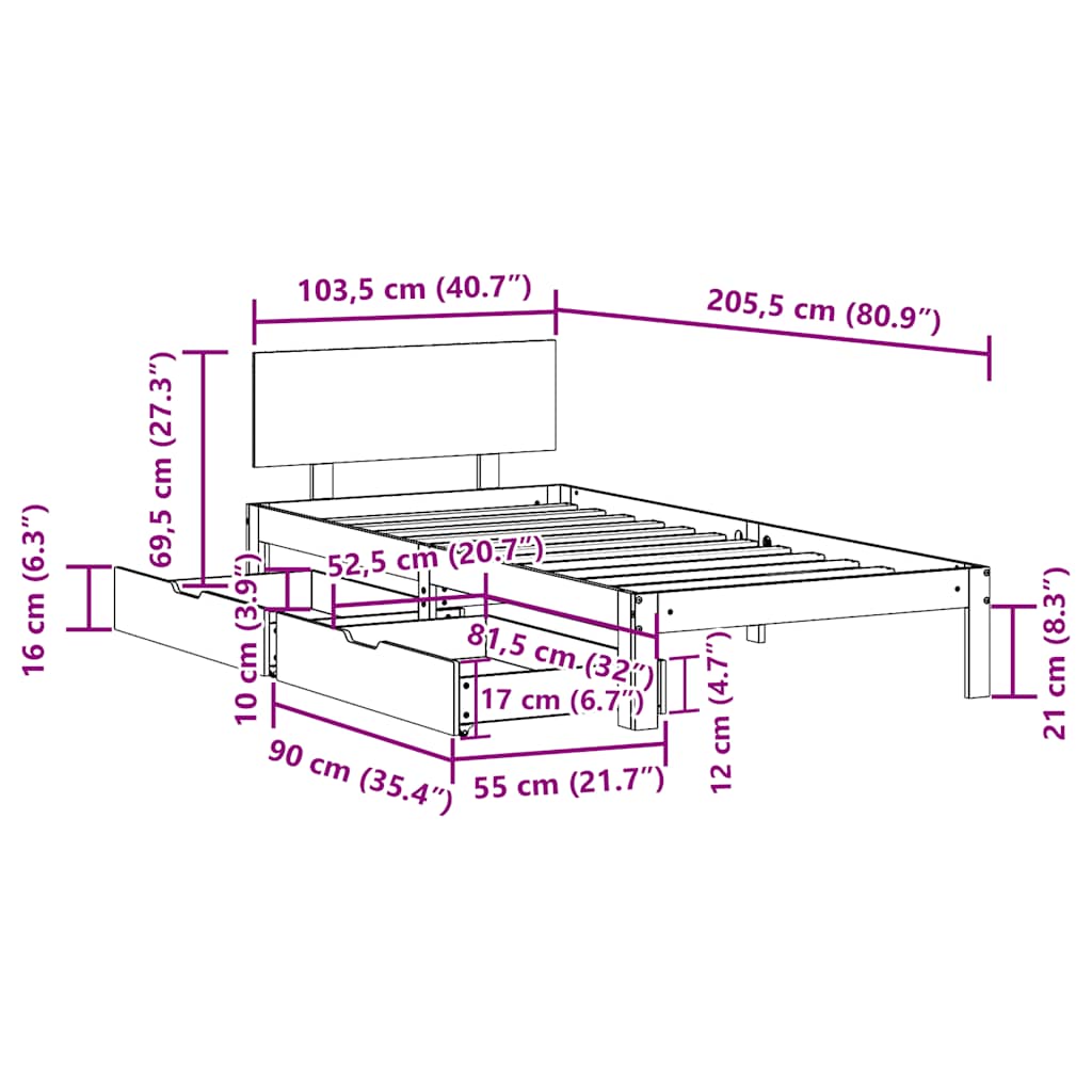 Bed Frame with Drawers without Mattress White 100x200 cm