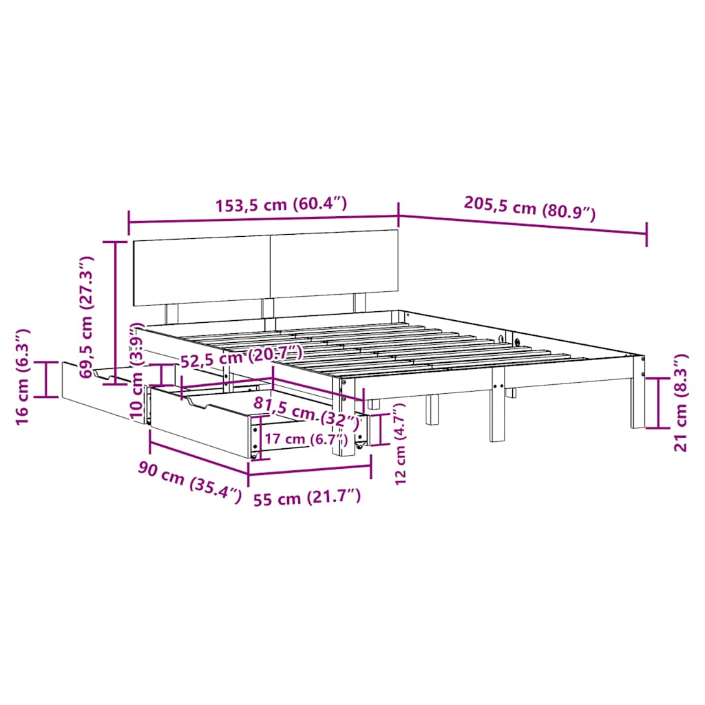 Bed Frame with Drawers without Mattress White 150x200 cm