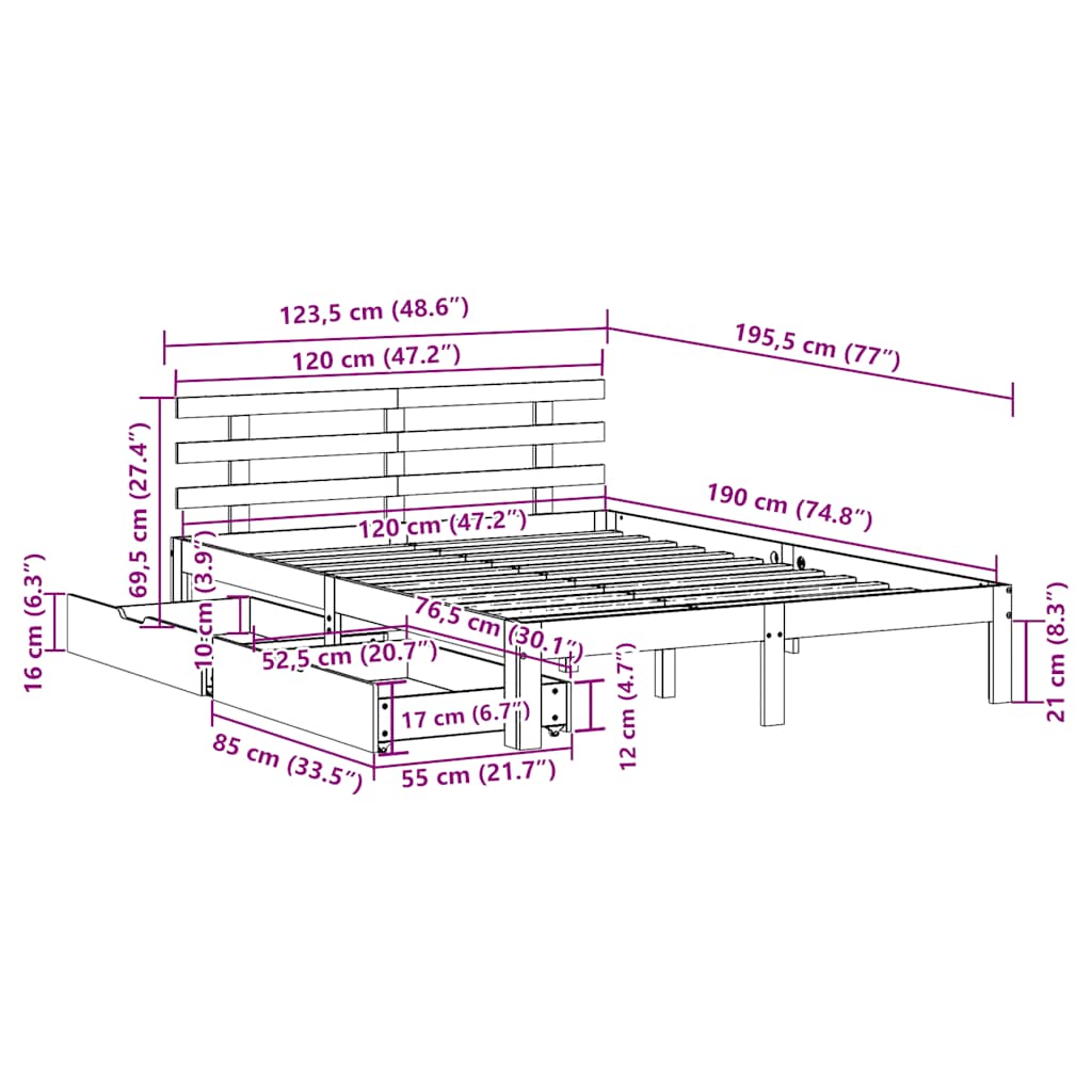 Bed Frame with Drawers without Mattress White 120x190 cm Small Double