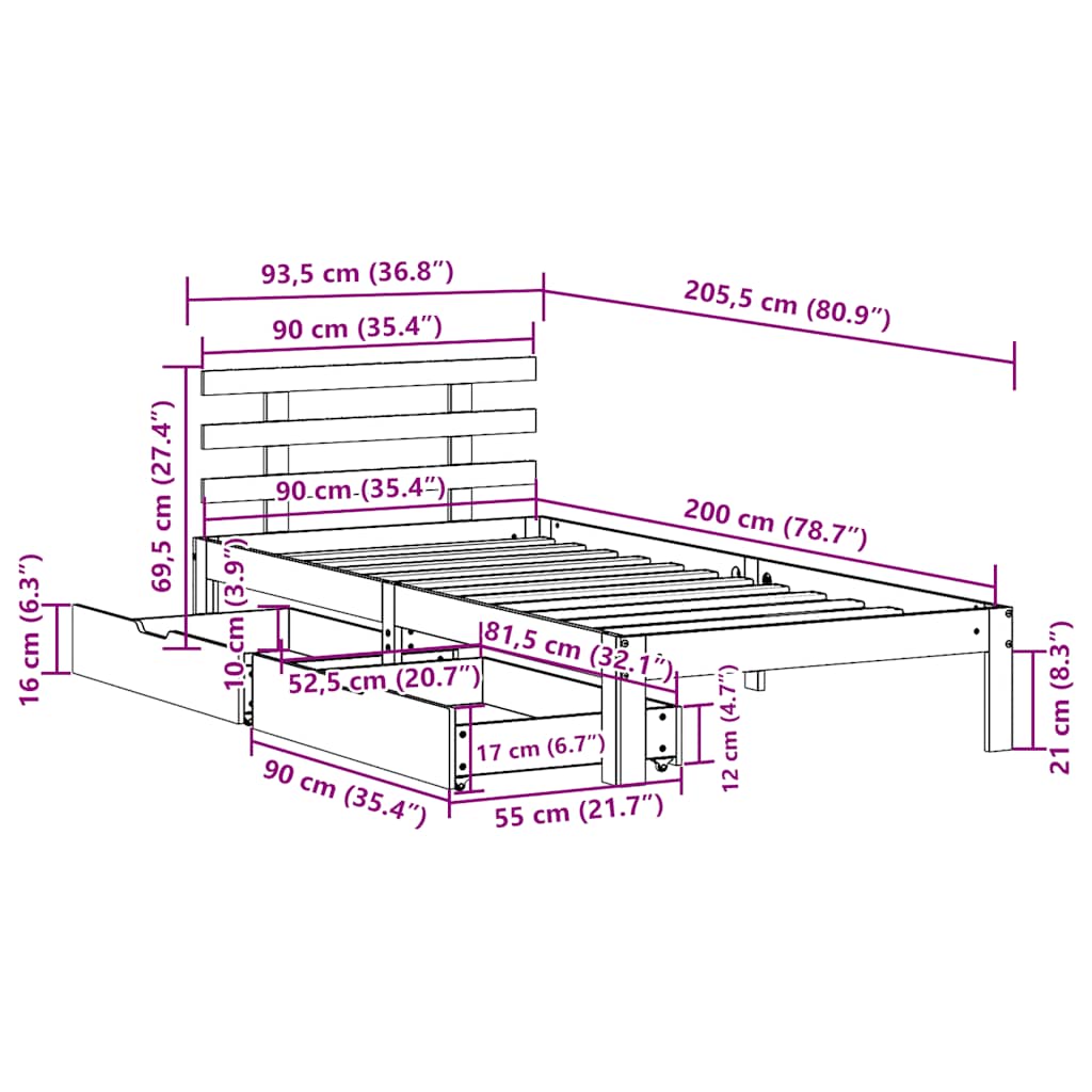 Bed Frame with Drawers without Mattress White90x200 cm