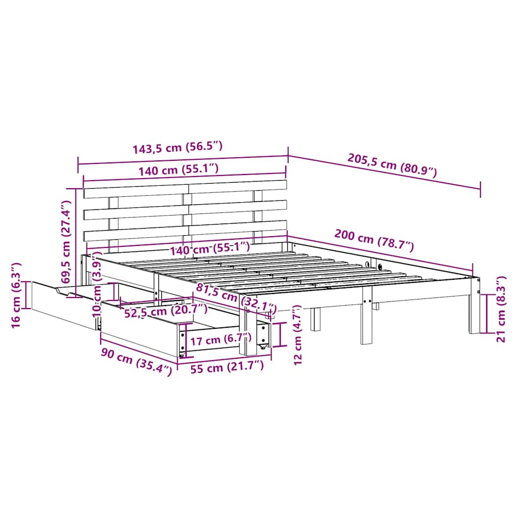 Bed Frame with Drawers without Mattress White 140x200 cm