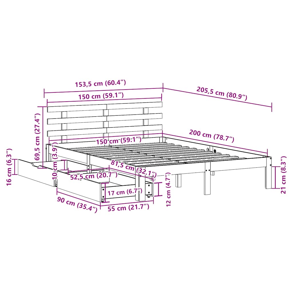 Bed Frame with Drawers without Mattress White 150x200 cm King Size