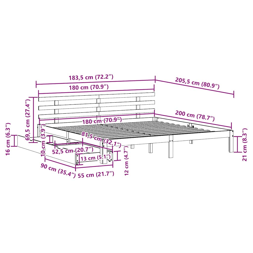 Bed Frame with Drawers without Mattress White 180x200 cm Super King