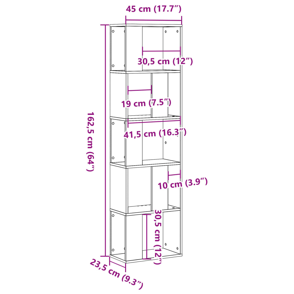 Bookcase 5-Tier Concrete Grey 45x23,5x162,5 cm Engineered Wood