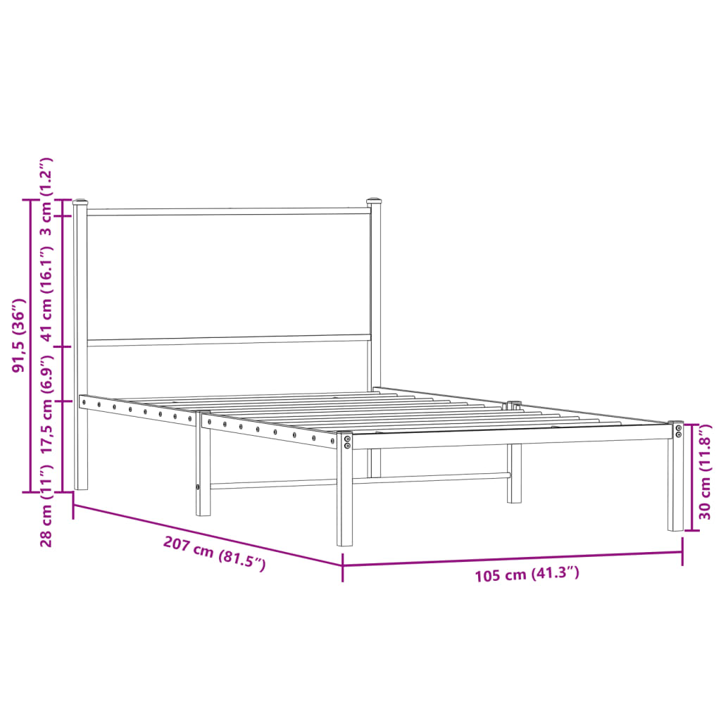 Metal Bed Frame without Mattress Sonoma Oak 100x200 cm