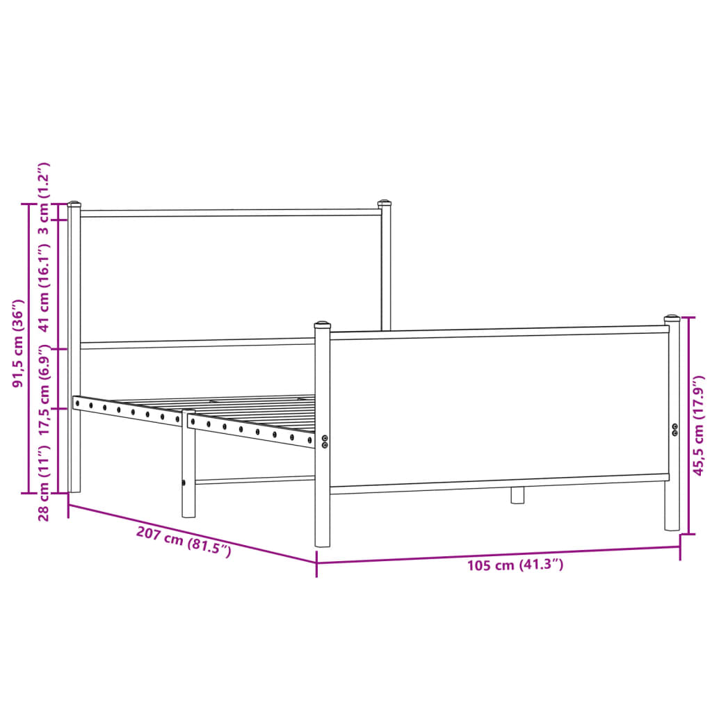 Metal Bed Frame without Mattress Sonoma Oak 100x200 cm