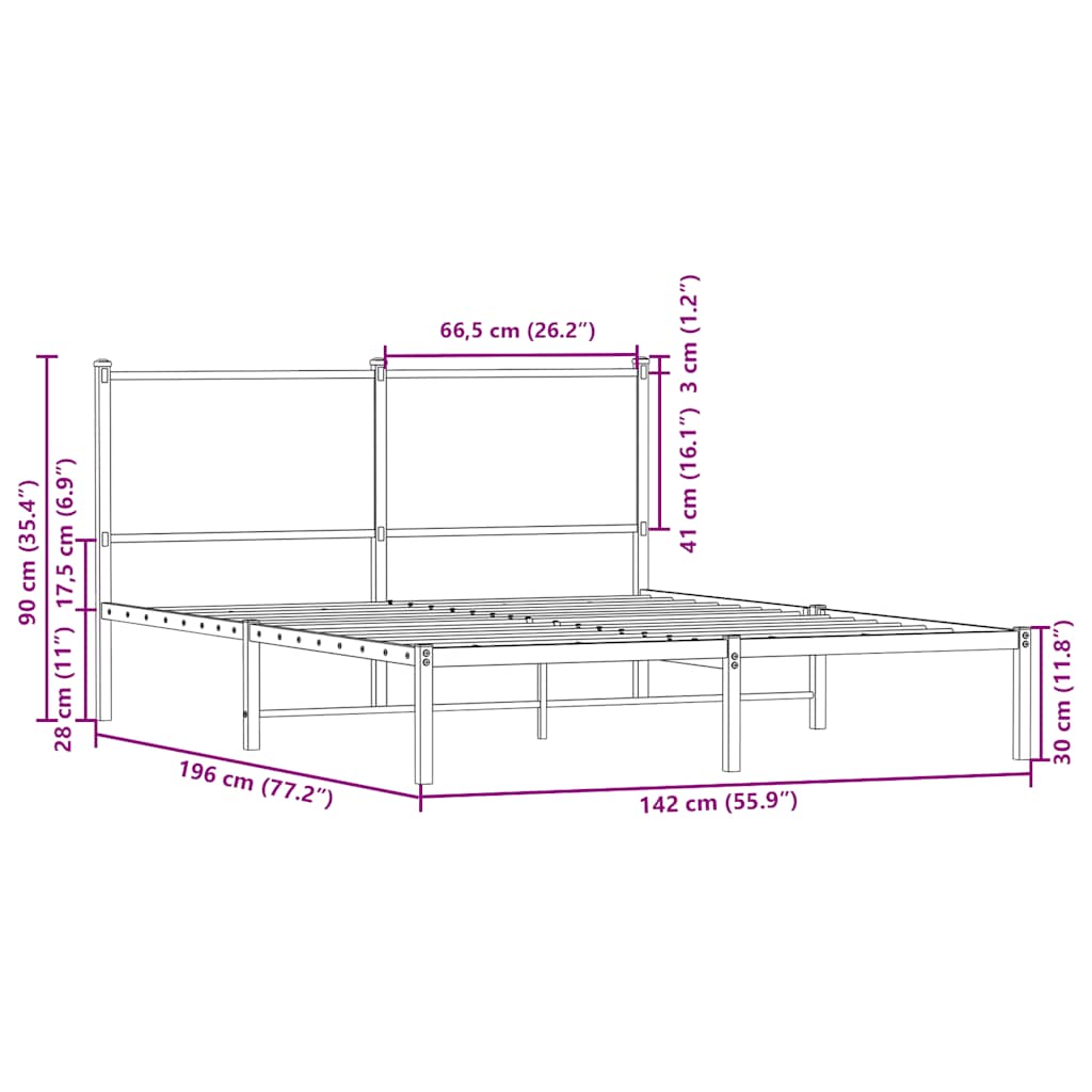 Metal Bed Frame without Mattress Brown Oak 137x190 cm
