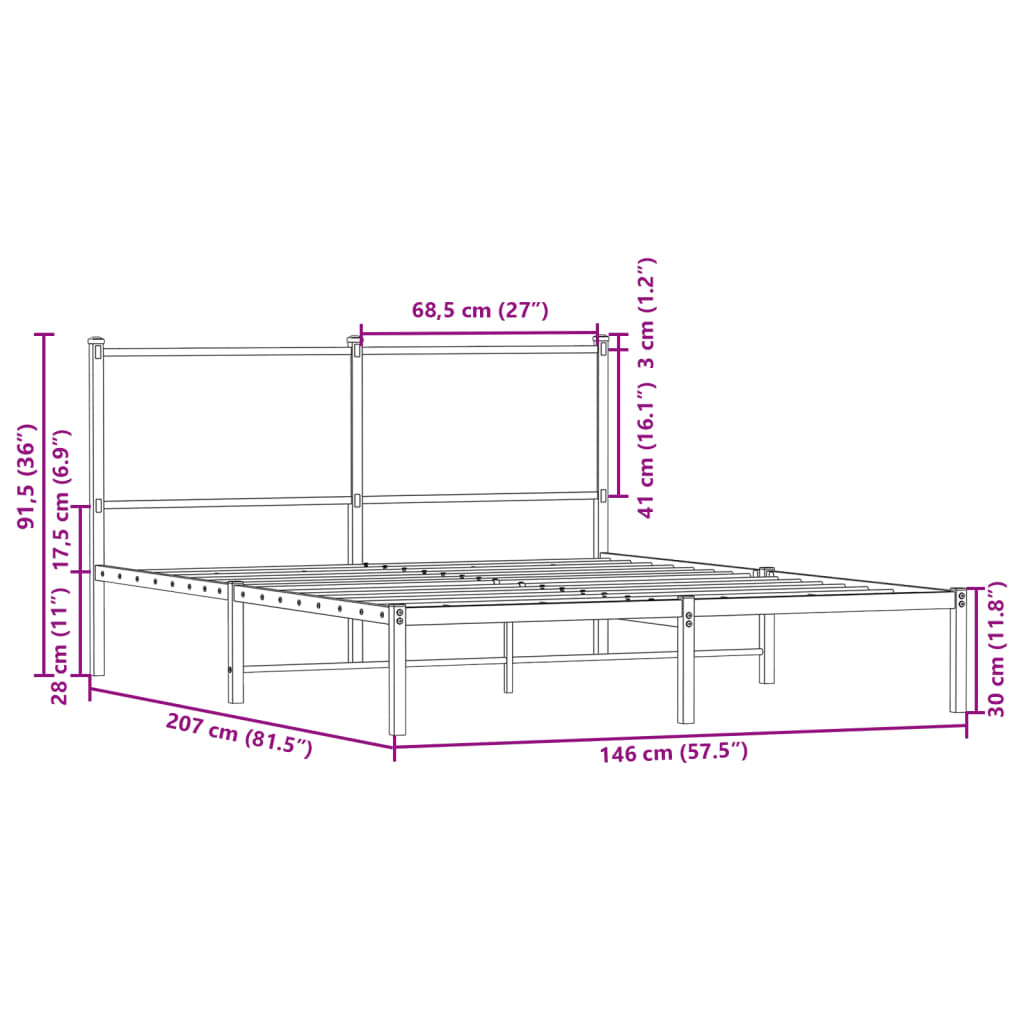 Metal Bed Frame without Mattress Brown Oak 140x200 cm