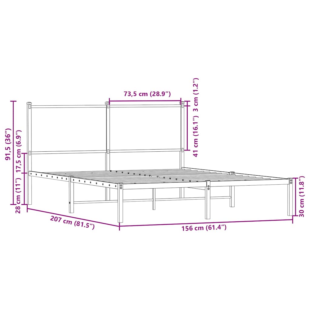 Metal Bed Frame without Mattress Brown Oak 150x200 cm King Size
