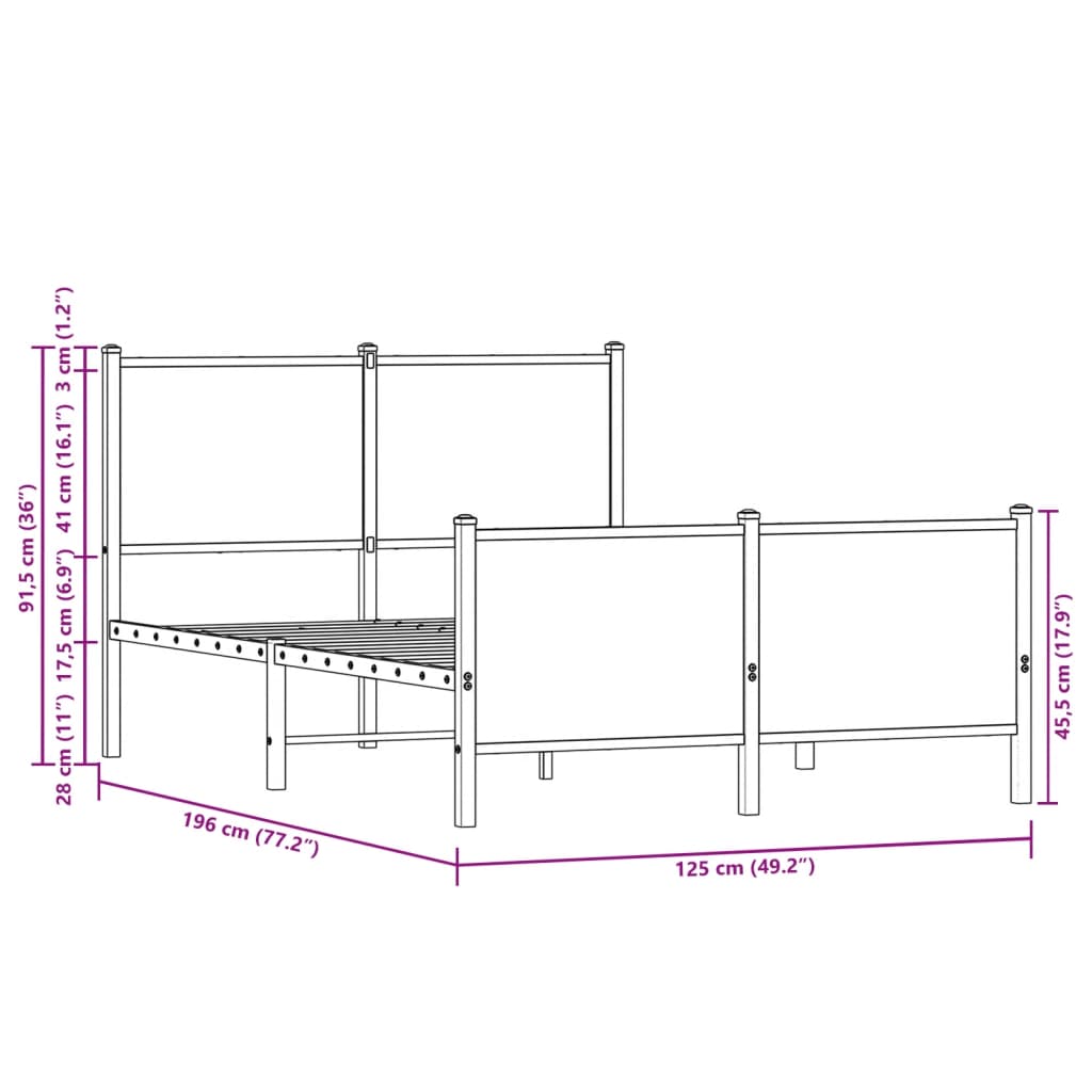 Metal Bed Frame without Mattress Brown Oak 120x190 cm Small Double