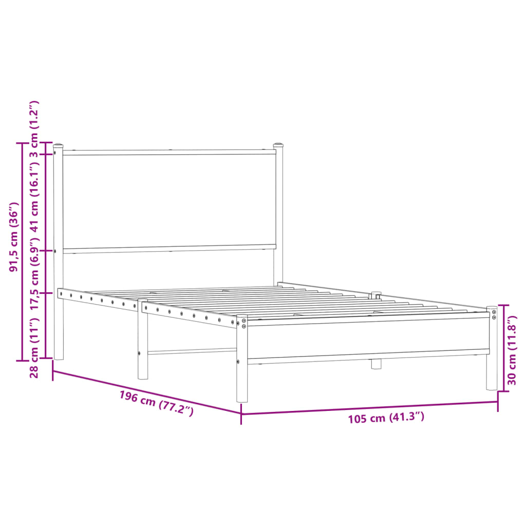 Metal Bed Frame without Mattress Sonoma Oak 100x190 cm