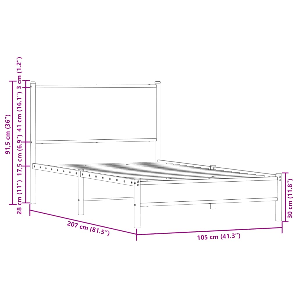 Metal Bed Frame without Mattress Sonoma Oak 100x200 cm