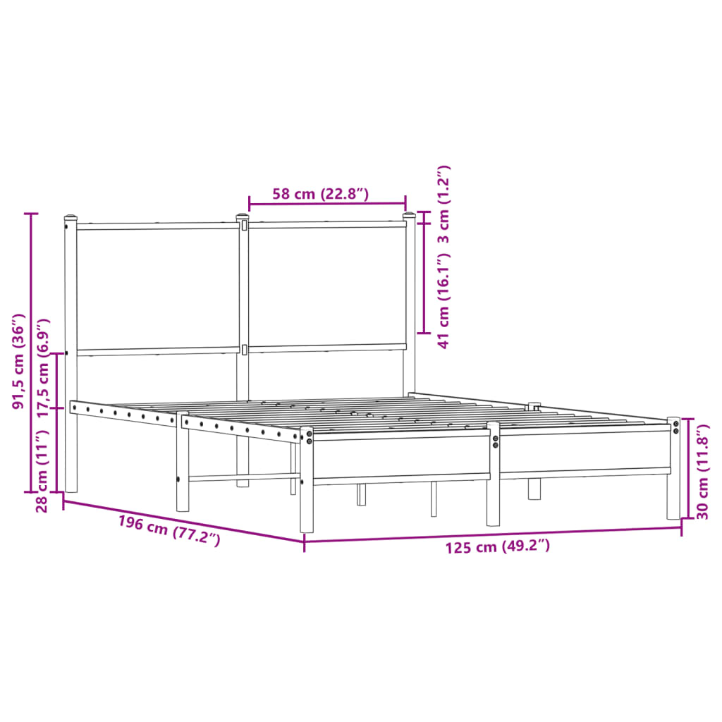 Metal Bed Frame without Mattress Sonoma Oak 120x190 cm Small Double