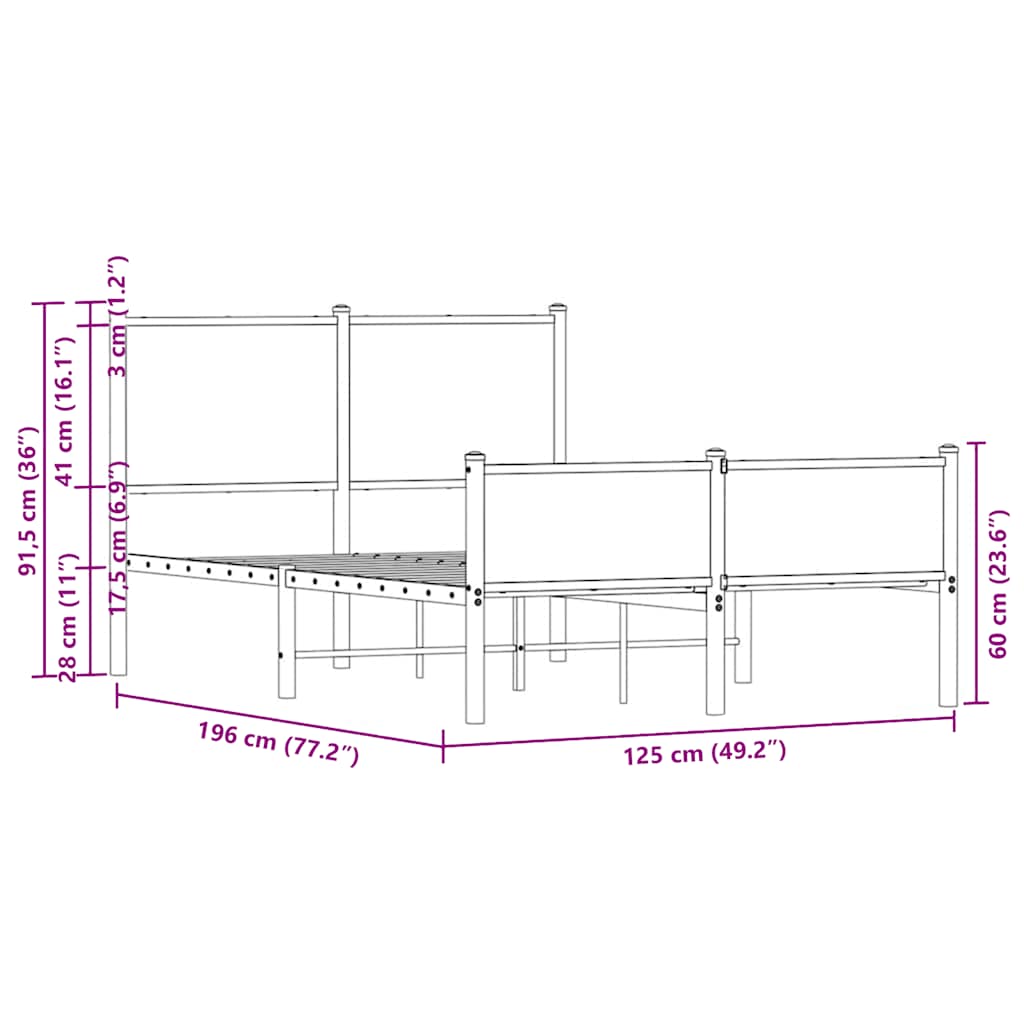 Metal Bed Frame without Mattress Sonoma Oak 120x190 cm Small Double