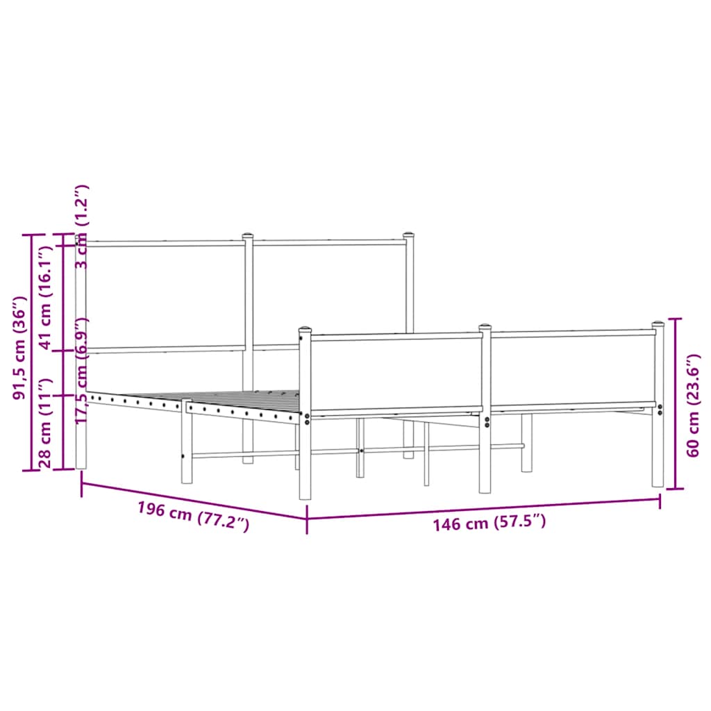 Metal Bed Frame without Mattress Sonoma Oak 140x190 cm