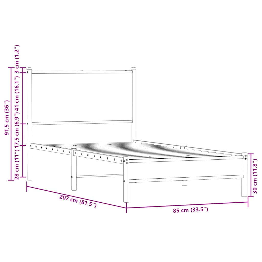 Metal Bed Frame without Mattress Brown Oak 80x200 cm