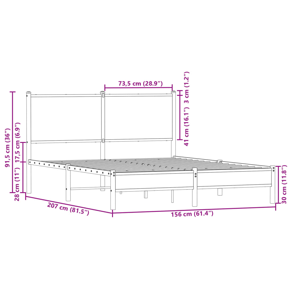 Metal Bed Frame without Mattress Brown Oak 150x200 cm King Size