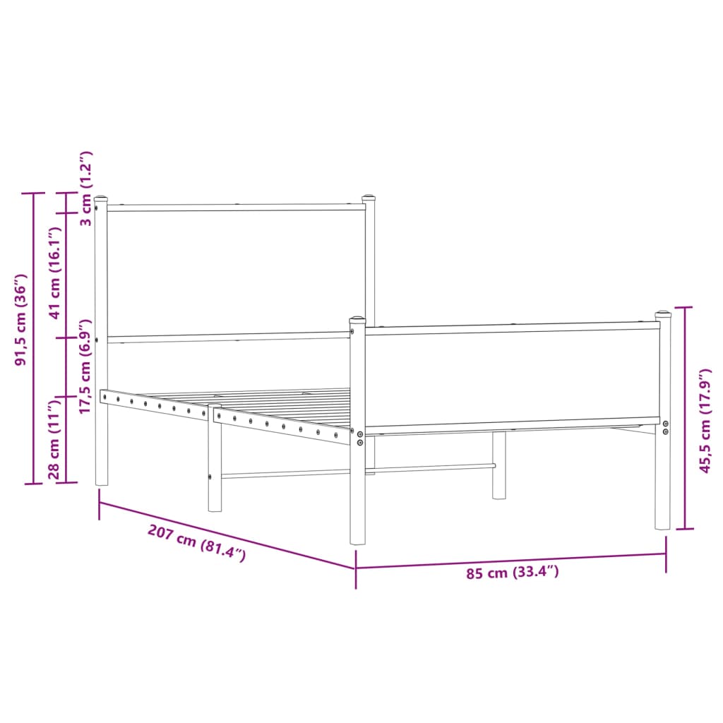 Metal Bed Frame without Mattress Brown Oak 80x200 cm