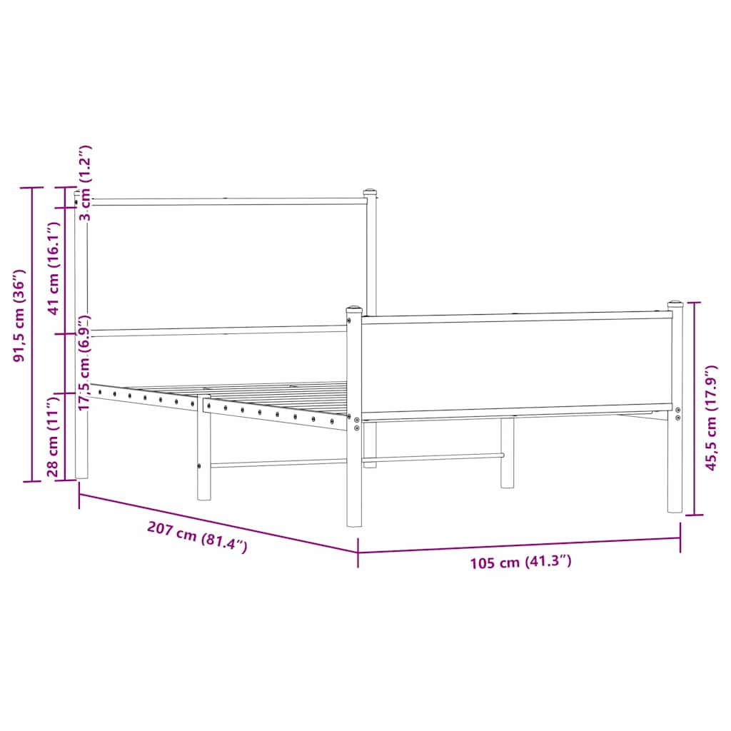 Metal Bed Frame without Mattress Brown Oak 100x200 cm