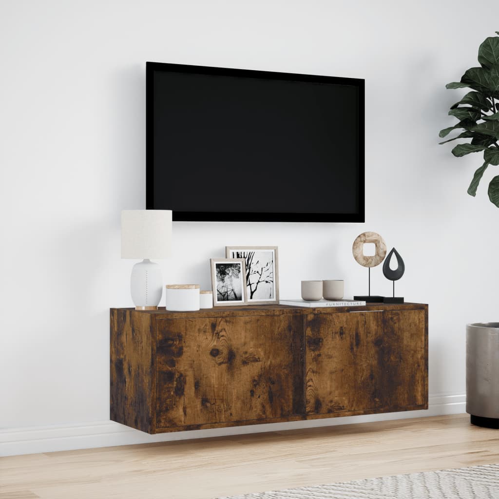 TV Wall Cabinet with LED Lights Smoked Oak 100x31x35 cm