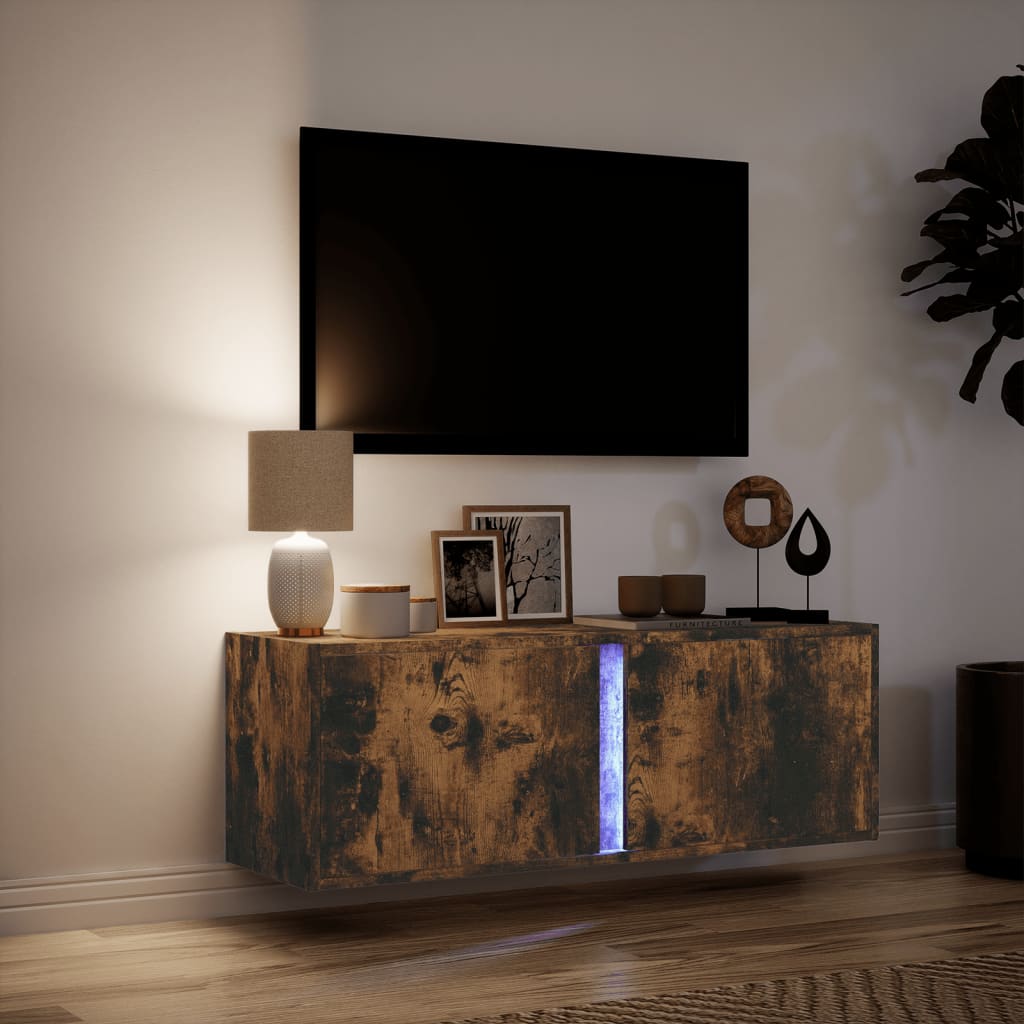 TV Wall Cabinet with LED Lights Smoked Oak 100x31x35 cm