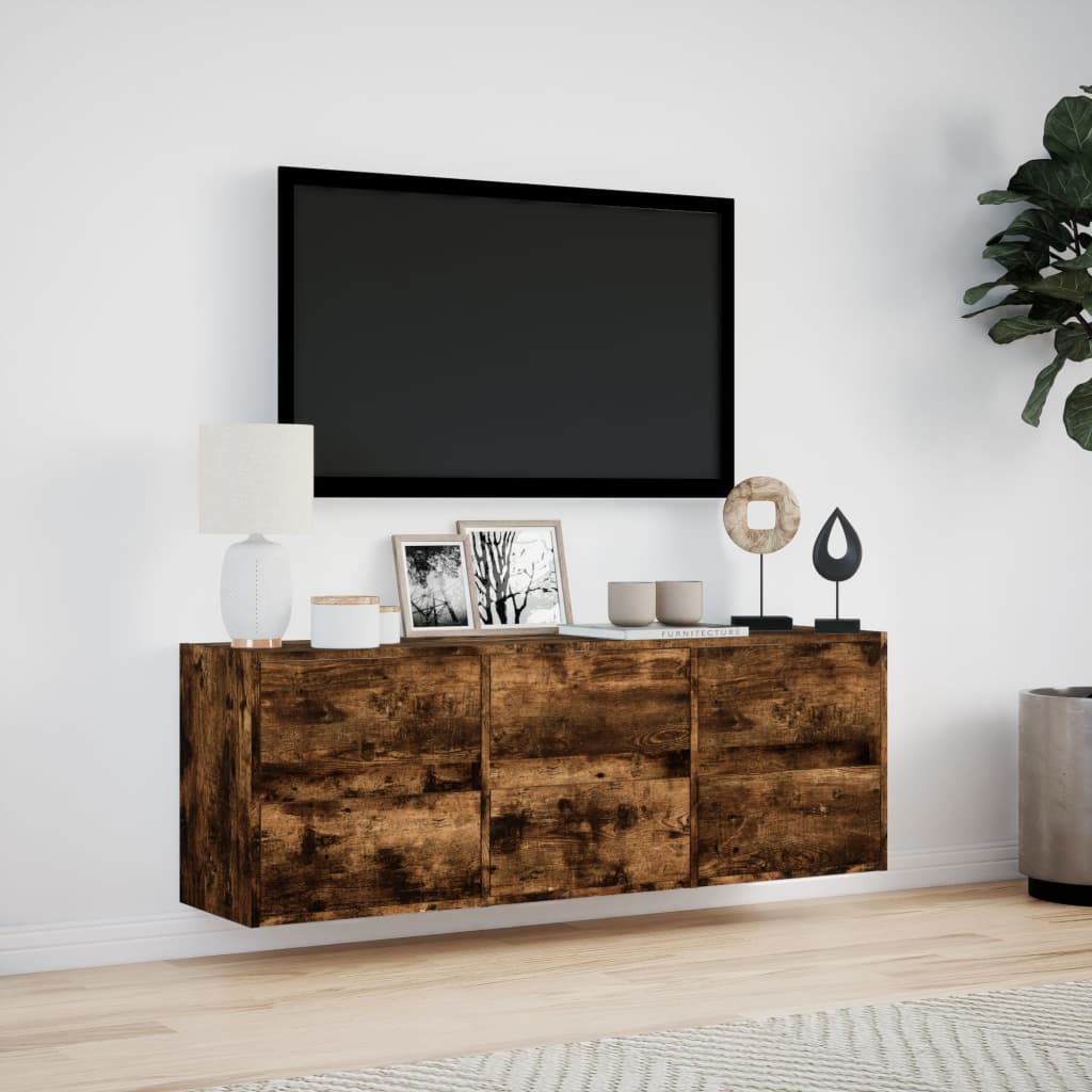 TV Wall Cabinet with LED Lights Smoked Oak 130x31x45 cm