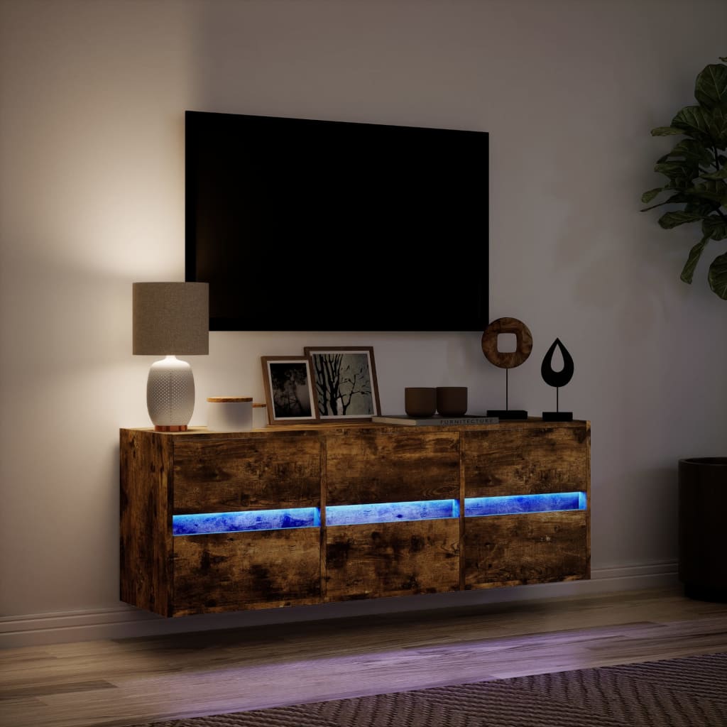 TV Wall Cabinet with LED Lights Smoked Oak 130x31x45 cm