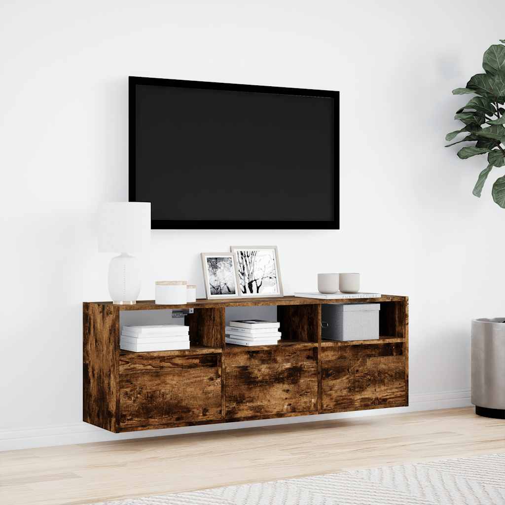 TV Wall Cabinet with LED Lights Smoked Oak 130x31x45 cm