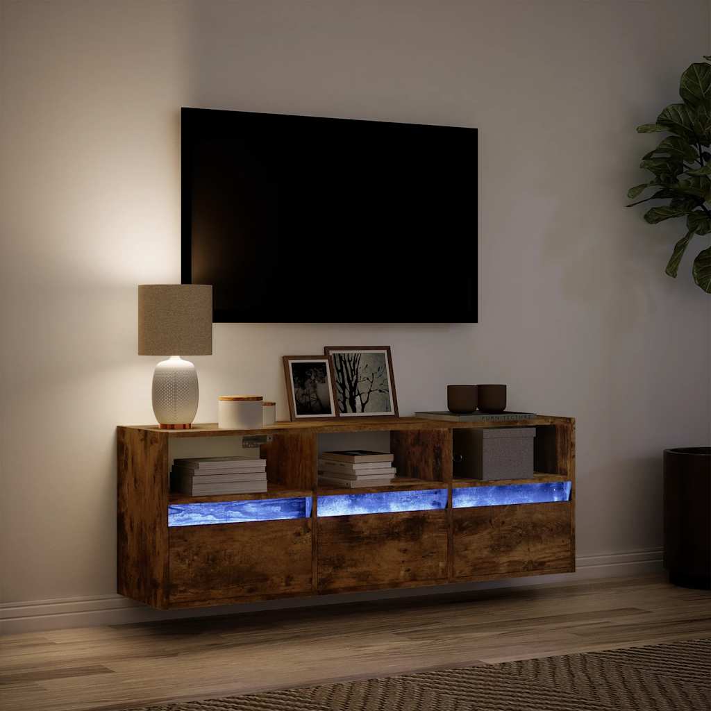 TV Wall Cabinet with LED Lights Smoked Oak 130x31x45 cm