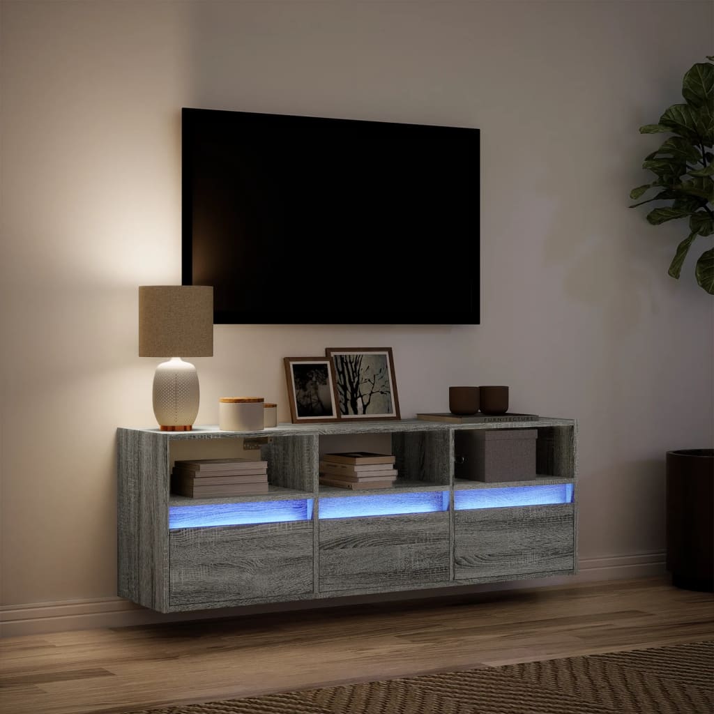 TV Wall Cabinet with LED Lights Grey Sonoma 130x31x45 cm