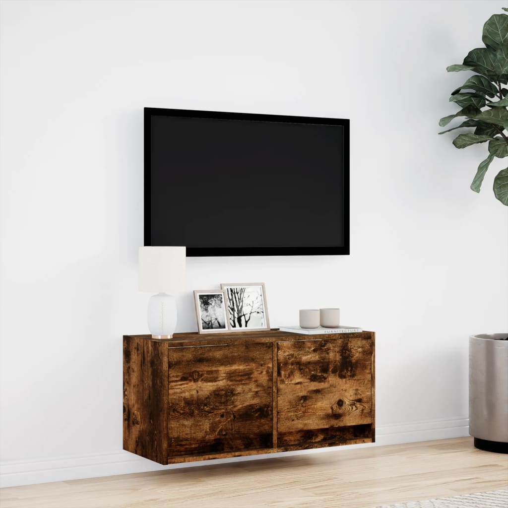 TV Wall Cabinet with LED Lights Smoked Oak 80x31x35 cm