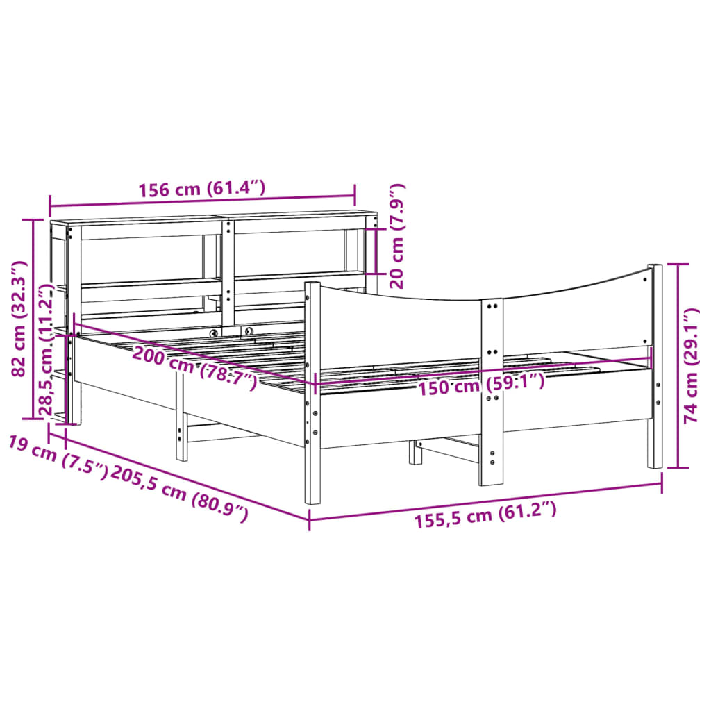 Bed Frame with Headboard White 150x200 cm King Size Solid Wood Pine