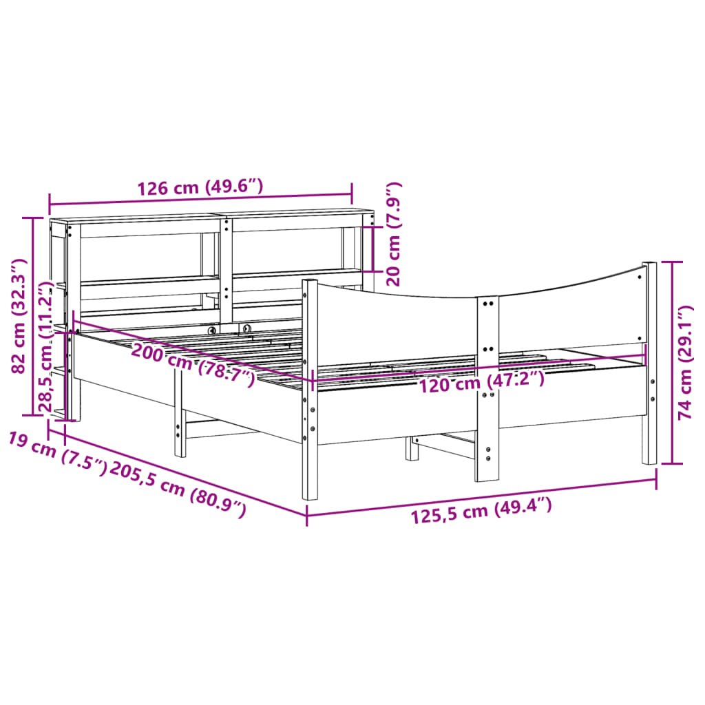Bed Frame with Headboard White 120x200 cm Solid Wood Pine