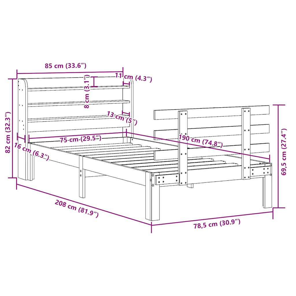 Bed Frame with Headboard without Mattress White 75x190 cm Small Single