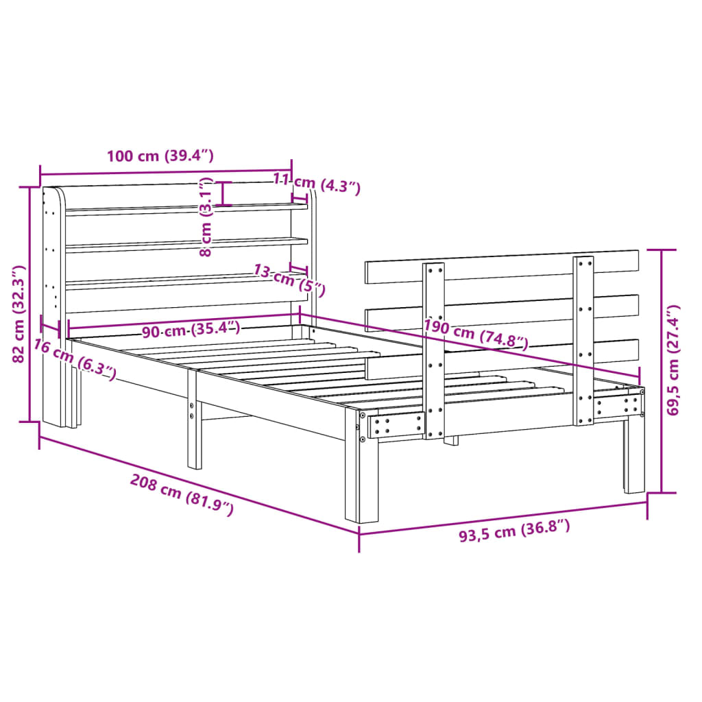 Bed Frame with Headboard without Mattress White 90x190 cm Single