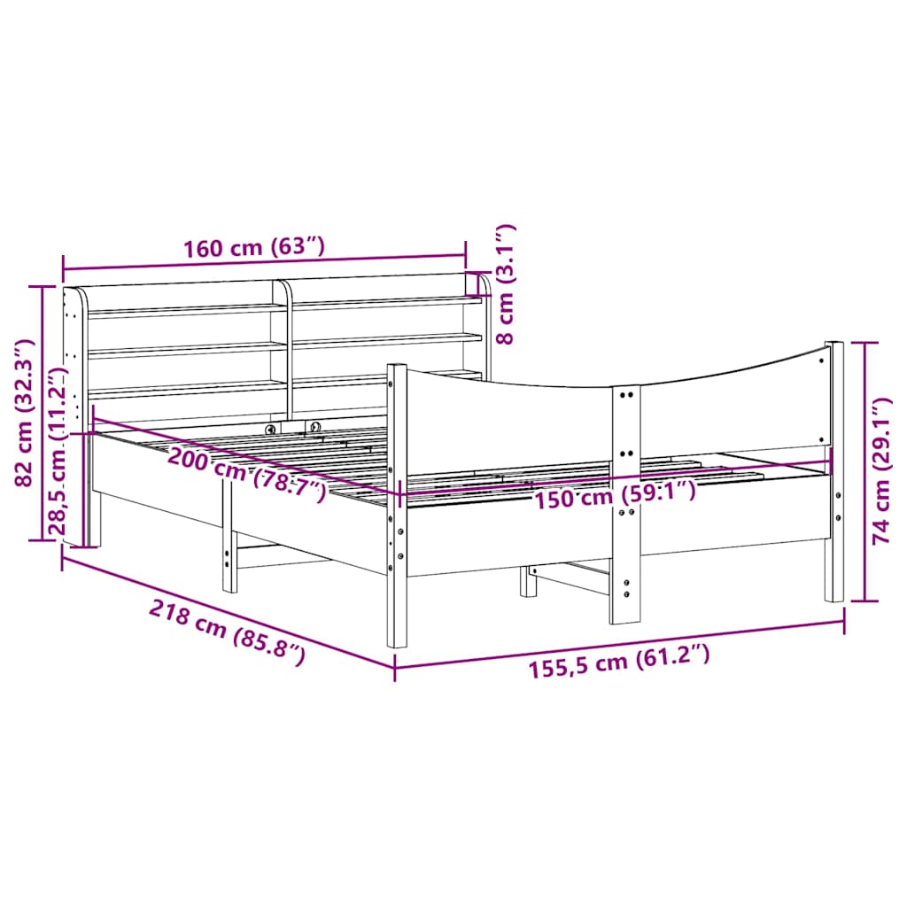 Bed Frame with Headboard White 150x200 cm King Size Solid Wood Pine